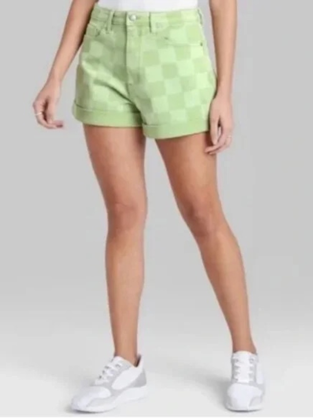 wild fable Green Checkered High-Rise Cuffed Jean Shorts